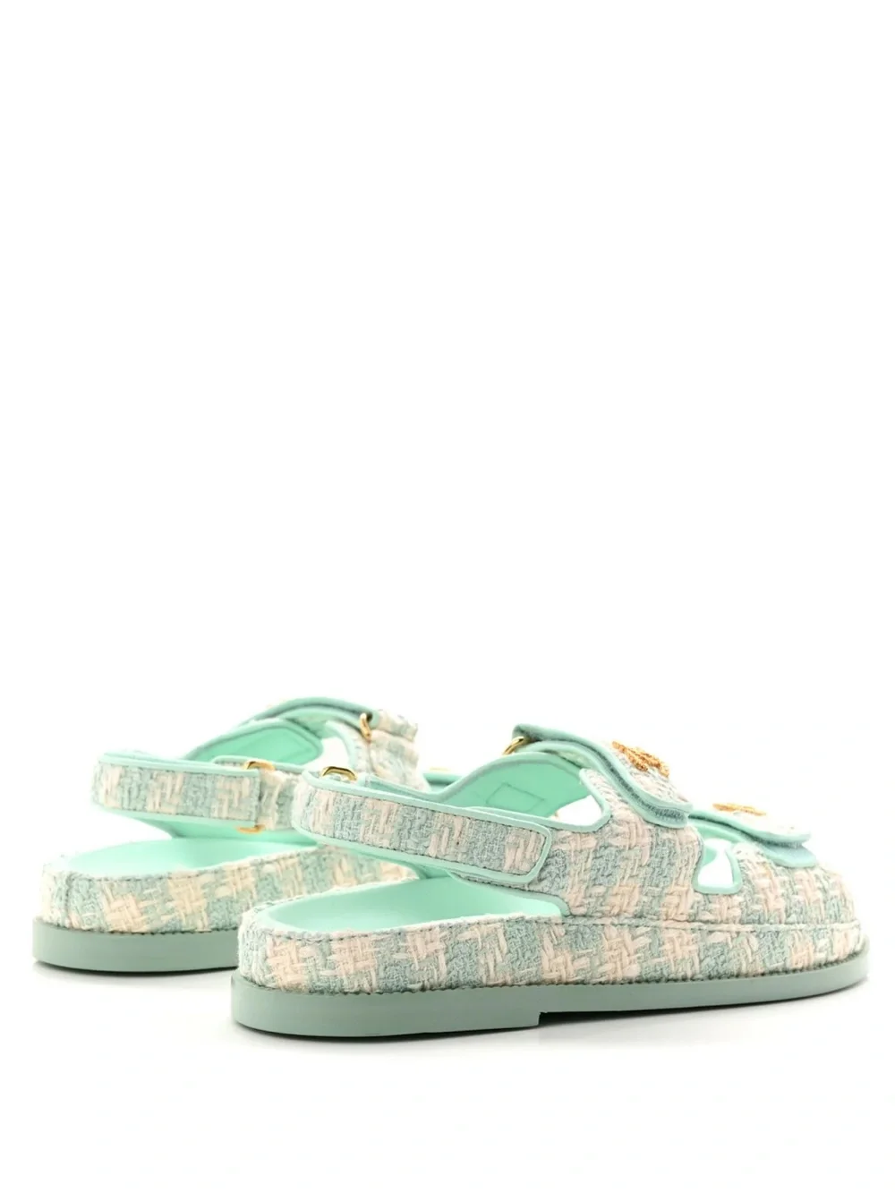 CHANEL Mint Green Tweed Slide Sandals with Gold CC Medallions